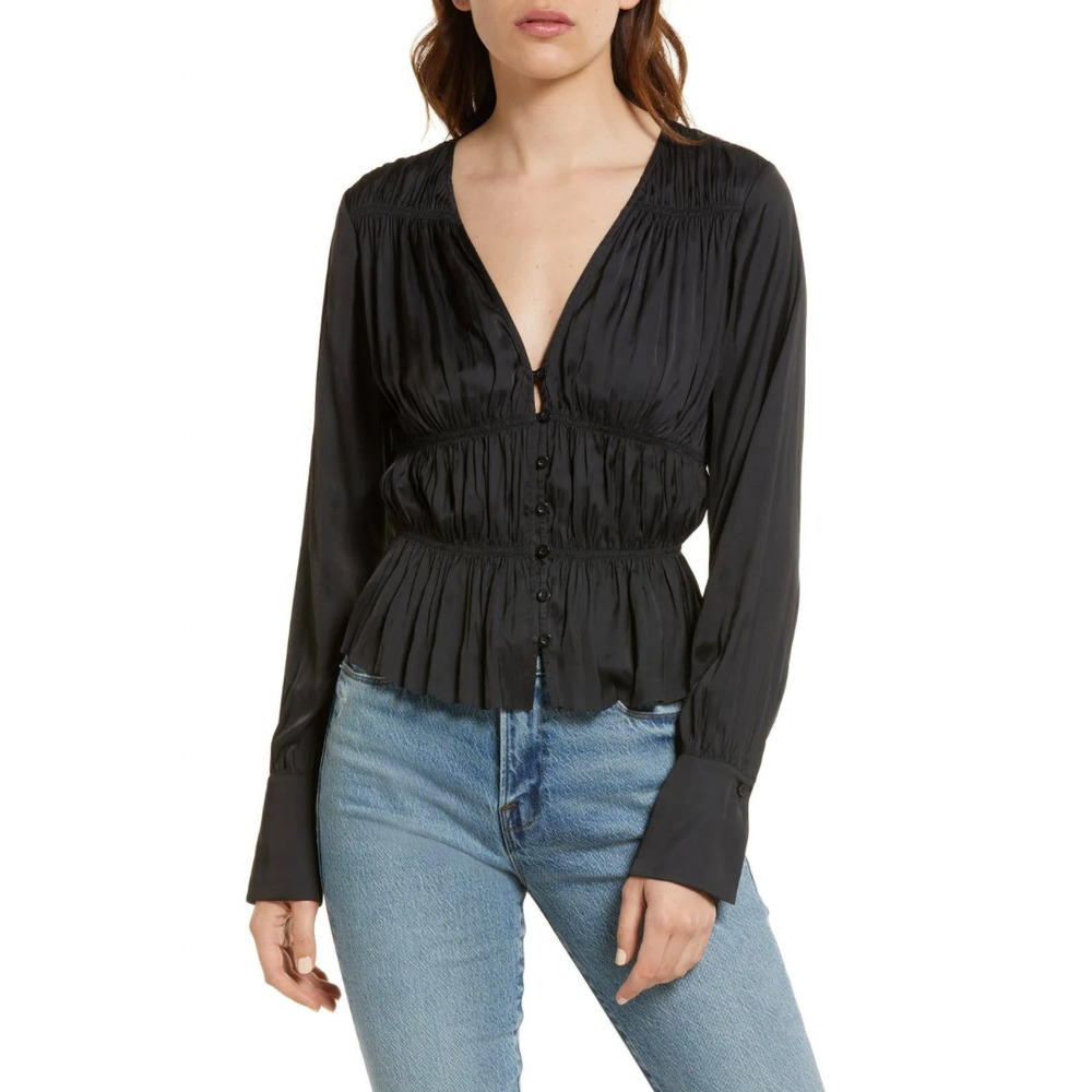 FRAME DENIM SHIRRED V-NECK BLOUSE IN BLACK‎ NWOT WOMEN'S SIZES XS, MEDIUM